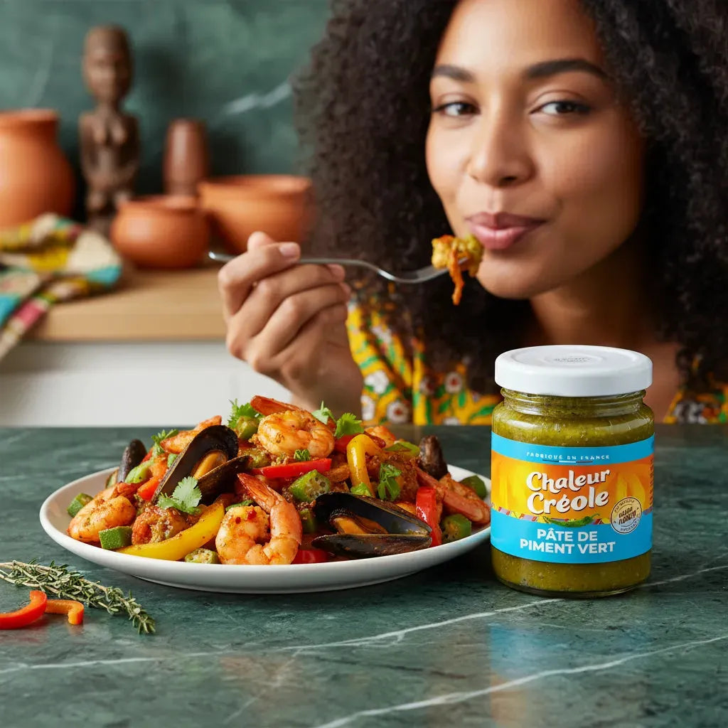 Femme dégustant un plat de fruits de mer épicé accompagné de pâte de piment vert Chaleur Créole - Condiment savoureux créole.